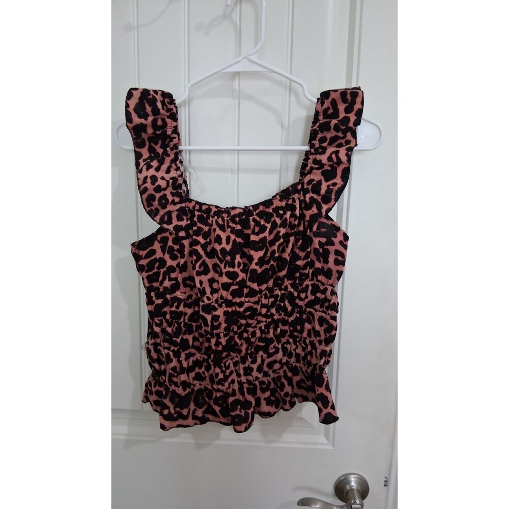 Persaya Women’s Large Pink Black Leopard Print Smocked Ruffle Strap Crop Top